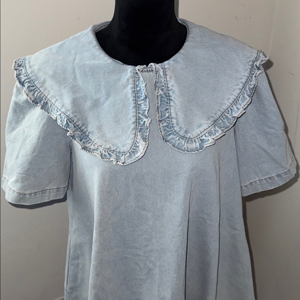 Amable by Mable Peter Pan collared light Wash denim mini dress shirt sleeve Sz S - Picture 6 of 15